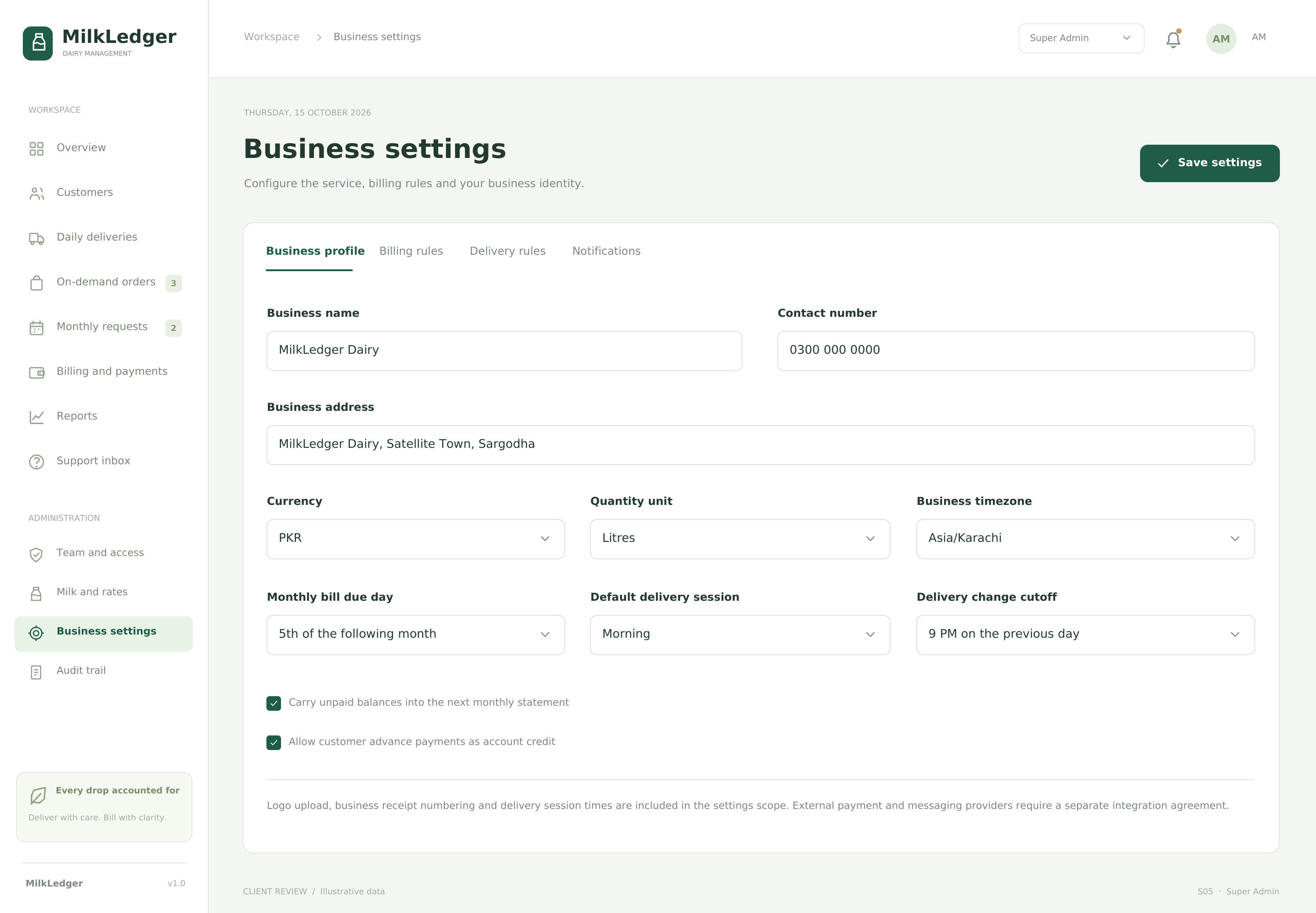 Business settings
