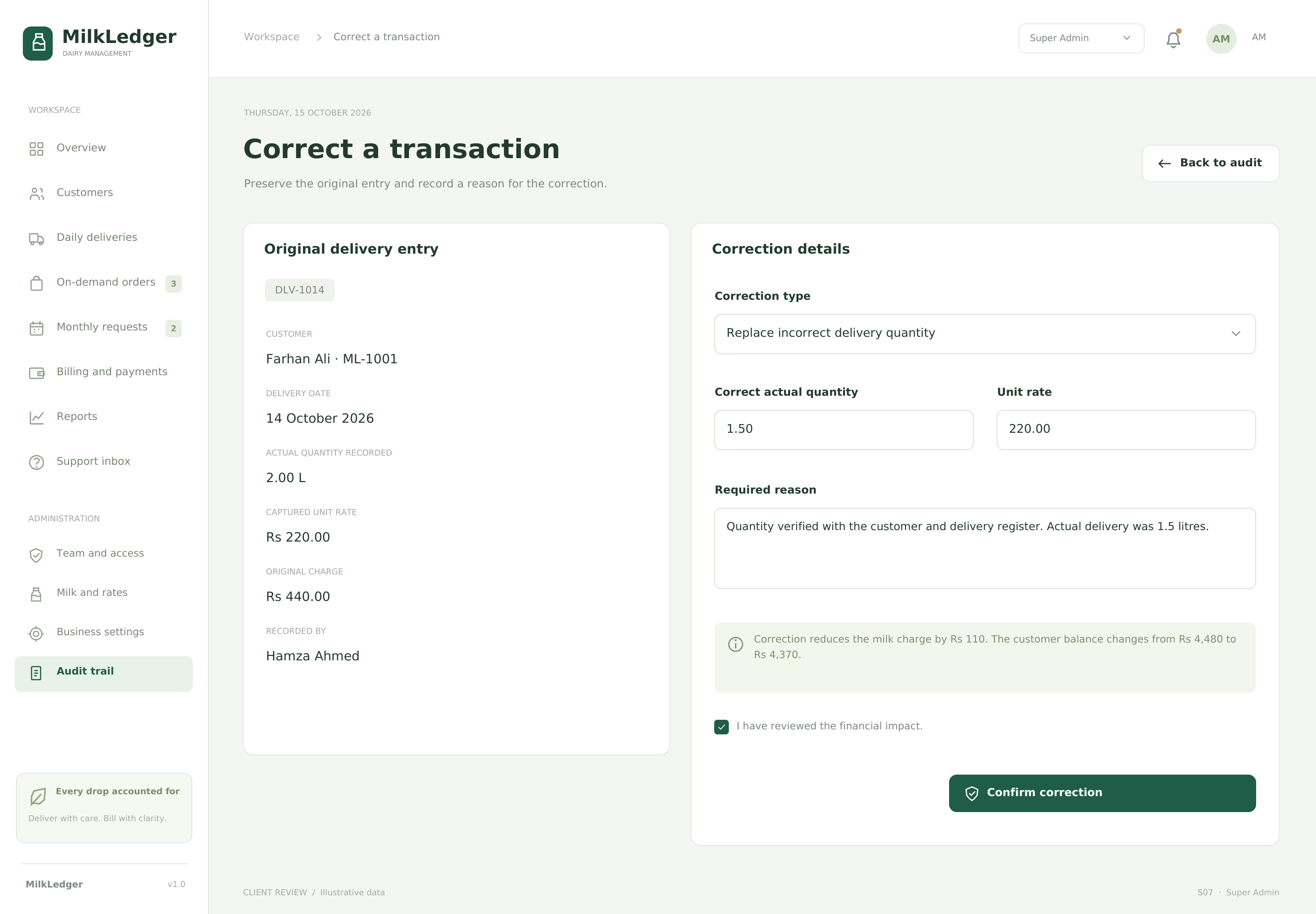 Correct a transaction